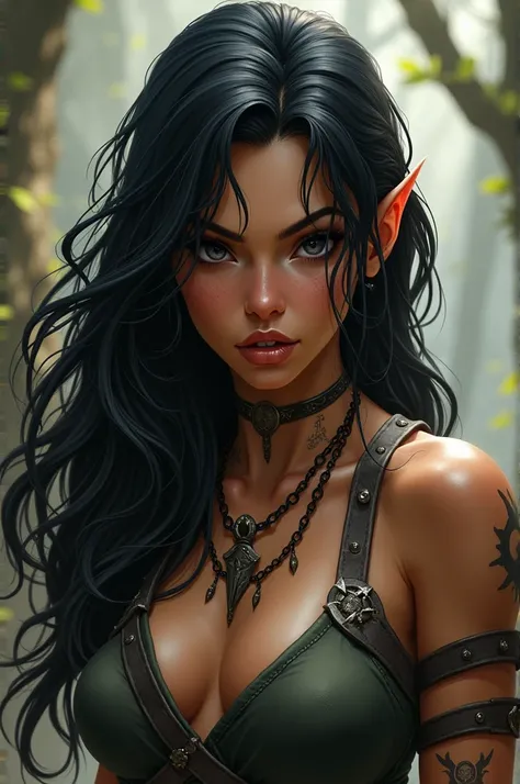 Female dnd half-orc with large teeth and pointy ears, black eyes, light brown skin, medium black hair, with large, sharp fangs