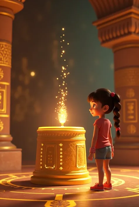 3d.pixar cartoon images for YouTube videos Inside the cave, Mia stands in awe before a golden pedestal with the sparkling Magic Paintbrush on top. The cave’s walls could be decorated with ancient symbols.