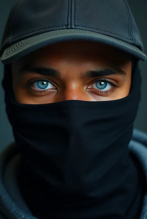 Mulatto skin man, wearing a cap with a black surgical mask and blue eyes.