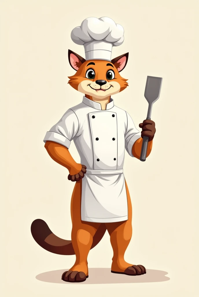 Generates a vector-style image of a puma dressed as a chef. The puma must be standing, with a white chef&#39;s jacket, a chef&#39;s hat (big white tap on the head), and apron. The puma pose should be friendly and confident., with a spatula in one hand and ...