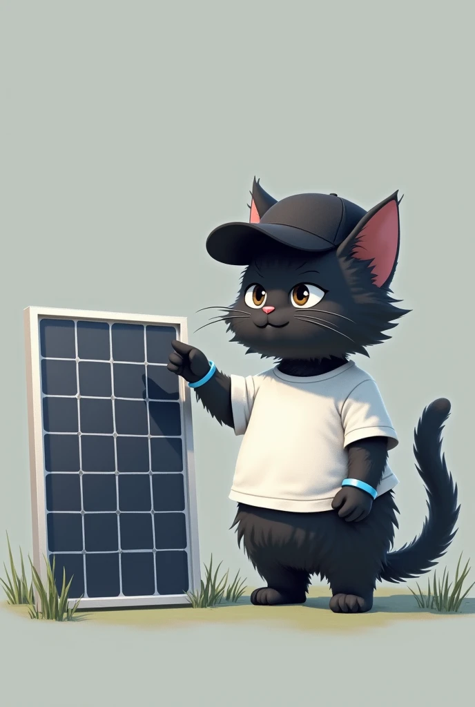 A cat with short, slightly messy dark hair wears a black cap and a white t-shirt. They are pointing at a solar panel. The individual also wears a blue bracelet, positioned on a plain gray background with natural lighting. The overall atmosphere is casual a...