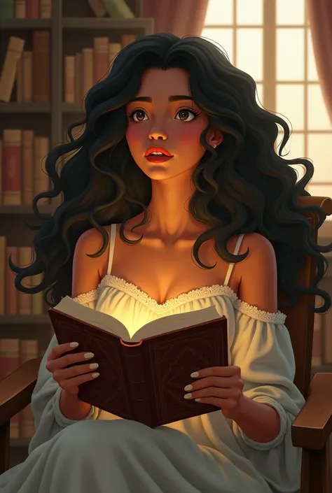 a Brazilian woman with long curly hair, BROWN SKIN, holding a ghibli style book in a library