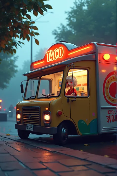 Taco truck on the side of the road with girl with white hair and red eyes in screen