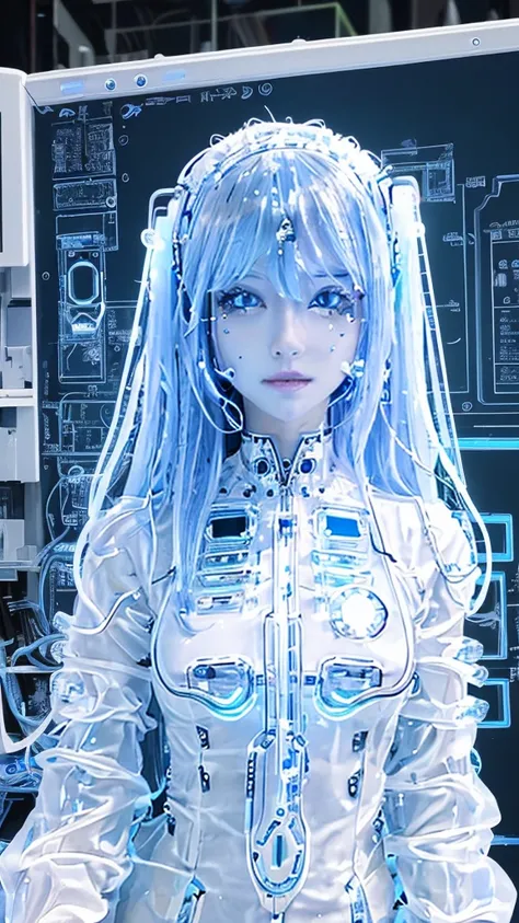 (highest quality, High resolution, masterpiece:1.2), Super detailed, realistic:1.37, (perfect anatomy),1 girl,cowboy shot,full body portrait,,close-up of woman, Cute and completely beautiful Japanese idol,  female model、Modified into a cute cyborg,, (blue ...