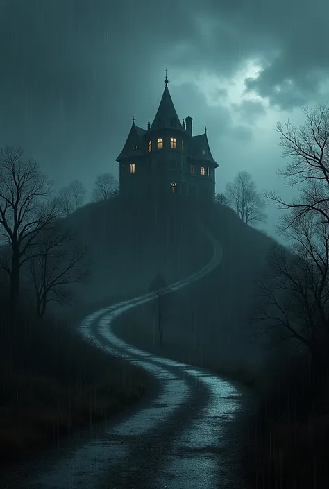 Make me a house on a dark hill with rain