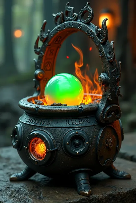 Create an interactive witch-style cauldron designed with a hearth that simulates a fire. In the center of the pressure cooker, a sphere or other shape that glows green. Includes speakers that provide verbal instructions. besides, It has a large, easy-to-pr...