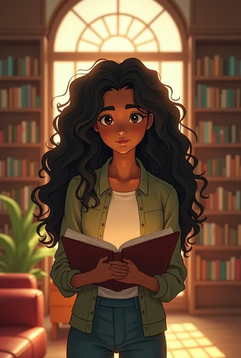 a 1 Brazilian with long curly hair, BROWN SKIN, Holding a book, in ghibli style in a library with very comfortable clothes 
