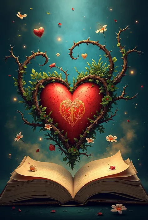 Create an open book and half of it, a heart surrounded by plants and thorns, Fill your heart with a magical Harry Potter-style world 