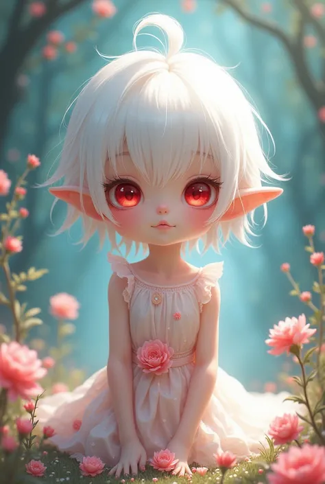 An anime child and boy, with white hair, red eyes and fair skin 