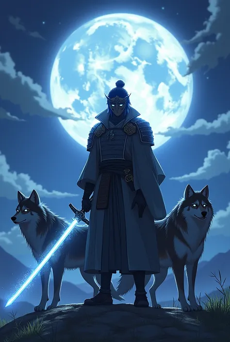  anime with moon power swords and samurai outfit and two wolves 
