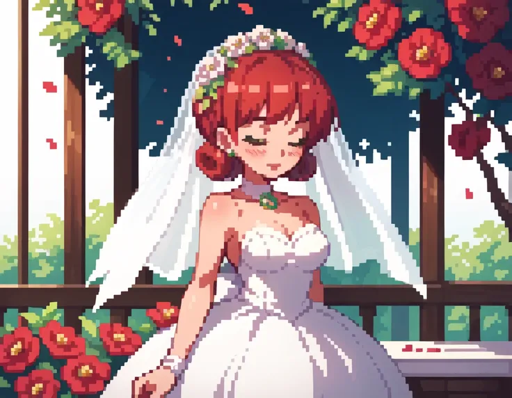 NSPennyStardew, short hair, red hair, curly hair, earrings, blush, smiles, closed eyes, wedding dress, beautiful dress, alone