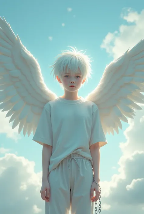 Screenshot of the sky. Boy with short white hair.White eyes and slanted on his back he has wings and his clothing has a white shirt and pants and in his hands he has a chain 