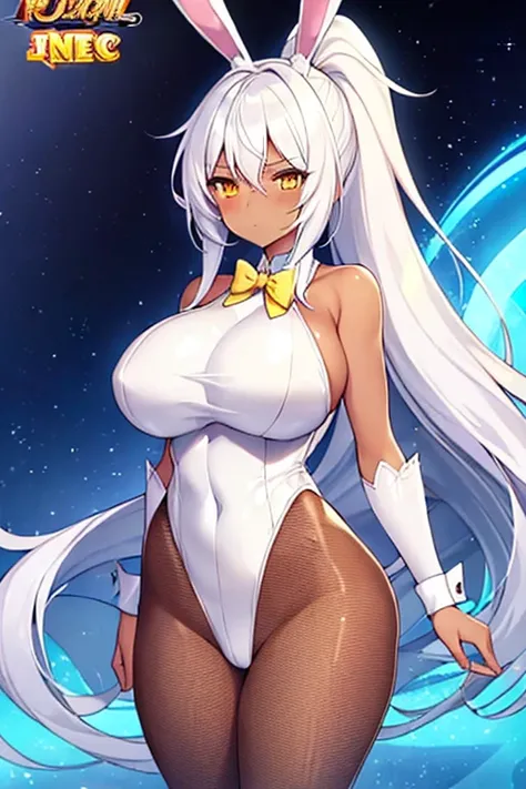 1girl, white hair, long hair, dark-skinned female, dark skin, yellow eyes, breasts, huge breasts, bowtie, wide hips, thick thighs, bunnysuit, leotard, white bunnysuit, shy, timid, wavy mouth, ponytail, fishnets, fishnet legwear, gold trim, fishnet pantyhos...