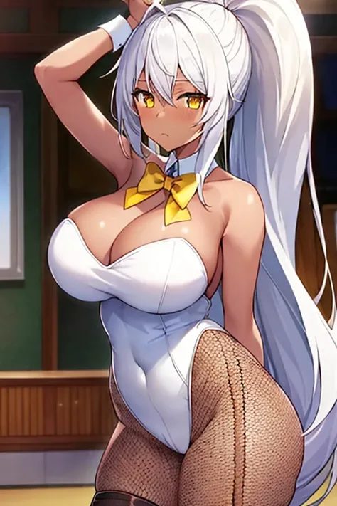 1girl, white hair, long hair, dark-skinned female, dark skin, yellow eyes, breasts, huge breasts, bowtie, wide hips, thick thighs, bunnysuit, leotard, white bunnysuit, shy, timid, wavy mouth, ponytail, fishnets, fishnet legwear, gold trim, fishnet pantyhos...