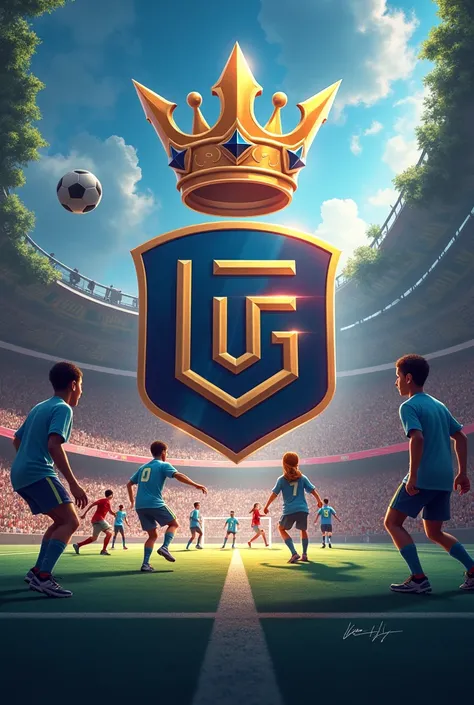 a banner saying league of legends and in the background a futsal court with a crown
