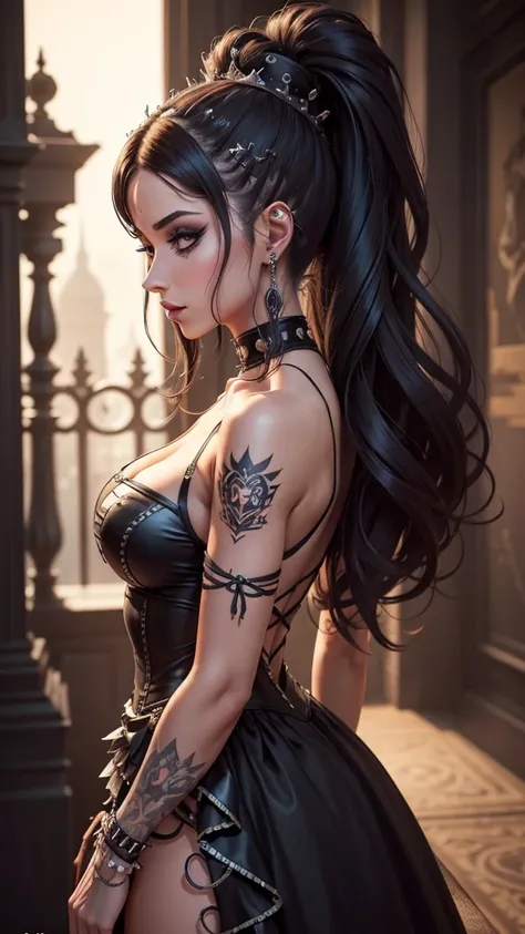 All intrincate details: "A side view illustration of Csilla, A 1 with a body identical to Priscilla Ricart with a distinctive combination of punk and gothic style. In this view, Csilla&#39;s long wavy blue hair can be seen falling to one side, showing her ...