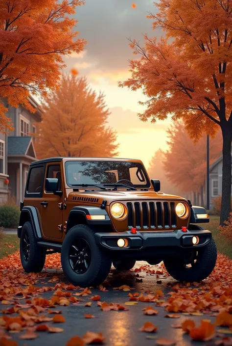 Autumn Ambiance: Feature the Jeep in a fall-themed neighborhood with colorful autumn leaves scattered on the ground and trees. The sky should be a mix of gray and orange hues, reflecting the season.