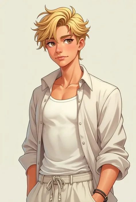 Close up photo of The character is an 1 man. The character is White race, has blonde hair, Hazel eyes. He is Very Handsome. Animated art inspiration. He is wearing a white tank top with a white shirt and baggy white trousers. Artistic. Ultra high quality.