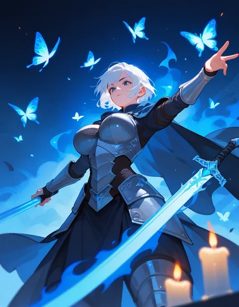 upper body, From below, score_9_up, score_8_up, score_7_up, score_6_up, girl, white hair, short hair, dynamic pose, ((armor)), ((middle ages)), blue fire, butterflies, candles, fog, pose, big breast, ((pattern)), cloak, magic sword, castle
