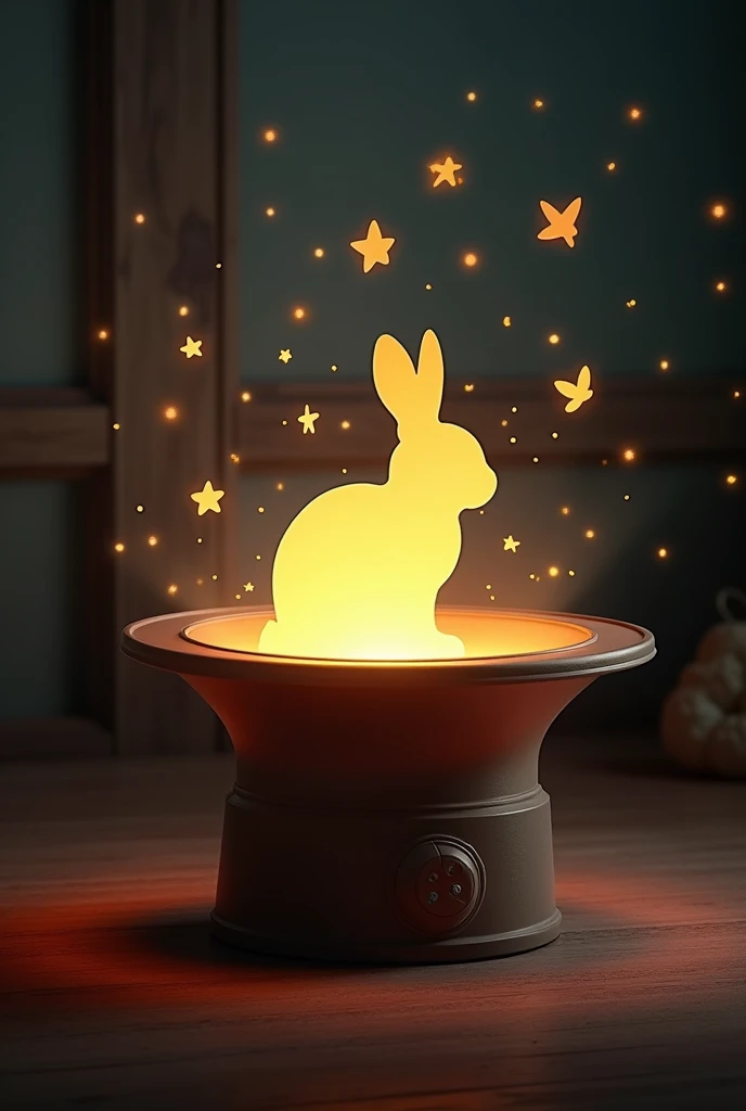 Create an interactive magician&#39;s hat shaped pot. Inside the pot shaped like a magician&#39;s hat, A rabbit silhouette that is reflected as a shadow on the walls of the pot due to internal lights and its material 50% translucent. Includes speakers that ...