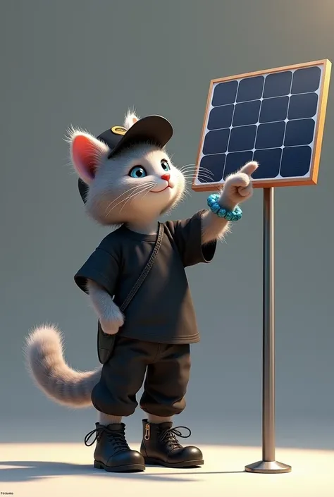 A cat with short, slightly disheveled gray hair wears a black cap and a black t-shirt and pants and black boots smiling. They are pointing at a solar panel. The individual also wears a blue bracelet, positioned on a plain gray background with natural light...