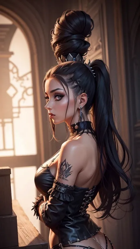 All intrincate details: "A side view illustration of Csilla, A 1 with a body identical to Priscilla Ricart with a distinctive combination of punk and gothic style. In this view, Csilla&#39;s long wavy blue hair can be seen falling to one side, showing her ...