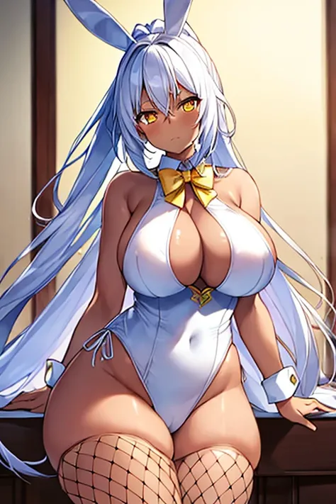 1girl, white hair, long hair, dark-skinned female, dark skin, yellow eyes, breasts, huge breasts, bowtie, wide hips, thick thighs, bunnysuit, leotard, white bunnysuit, shy, timid, wavy mouth, ponytail, fishnets, fishnet legwear, gold trim, fishnet pantyhos...