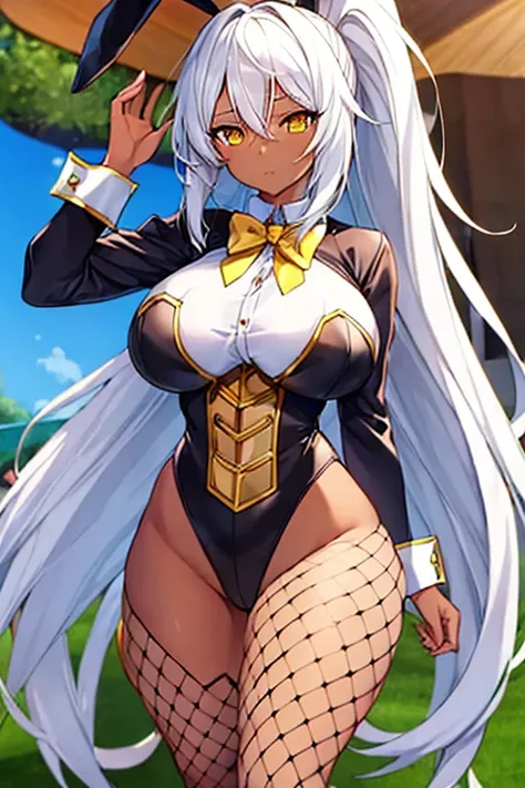 1girl, white hair, long hair, dark-skinned female, dark skin, yellow eyes, breasts, huge breasts, bowtie, wide hips, thick thighs, bunnysuit, leotard, white bunnysuit, shy, timid, wavy mouth, ponytail, fishnets, fishnet legwear, gold trim, fishnet pantyhos...