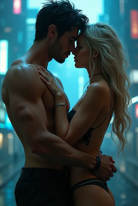 Make a couple, Joshua and Rachel together. Shirtless Joshua with black hair. Sexy light-haired white Raquel. Both cyberpunk style