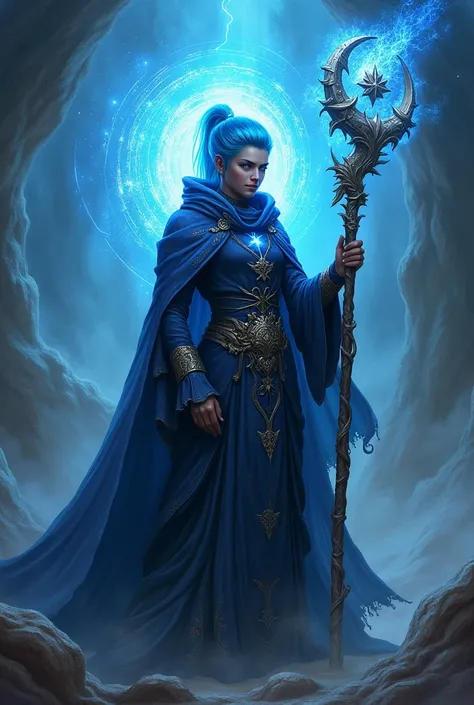 A mage who brings an air of power, with blueish hair and blue eyes, dark skin and a mythical staff 