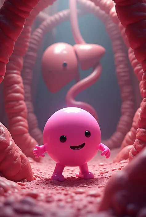 Make a pink ball coming out of an intestine walking towards a liver