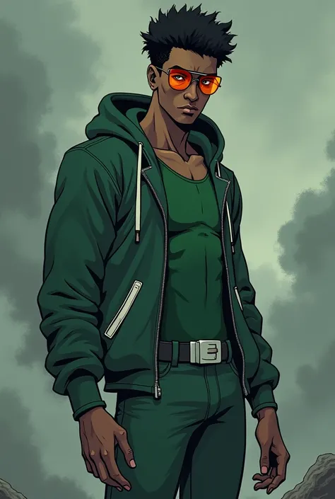 Young man, blacksad, strong and thin, cabelo crespo blacksad pequeno, olhos blacksads, orange glasses, green body-hugging one-piece outfit, green hoodie, with white details, serious face, serious expression, grey sky, black clouds in the background, seen f...