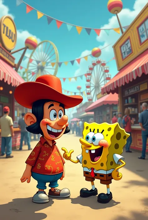 Characters like Chavo del Ocho or SpongeBob among others at the fair 