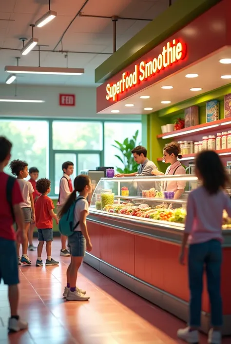 Superfood smoothies stand at school, WHERE THERE ARE CHILDREN SHOPPING