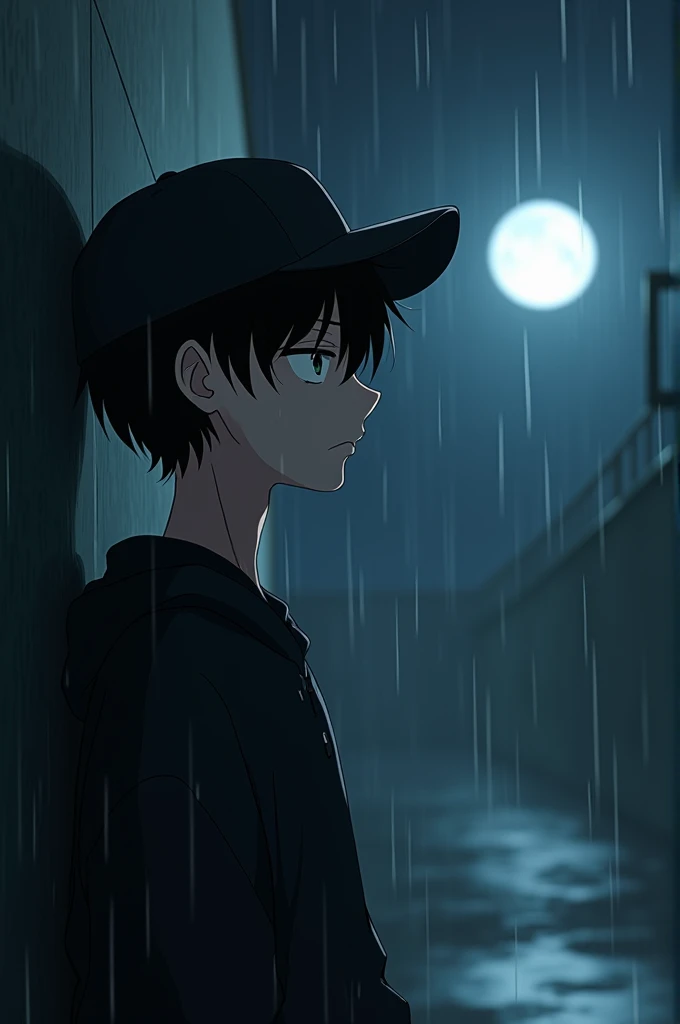 Anime photo with a skinny black-haired boy leaning against the wall and looking at his body and face to the left, He is wearing a black cap with a black sweatshirt and in the background there is a moon and it is night., he looks down sadly and it rains, 4K