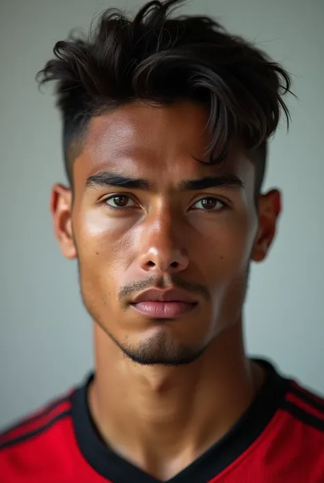 20 year old Brazilian soccer player, neutral expression, 85mm DLSR color zoom face Photography of a very detailed studio face portrait, only head visible, strong view into the cam, red and black football wear, light grey background, unreal engine 5, Real p...