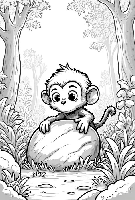 create a black and white illustration for a child to color Noh playing hide and seek - Noh the Monkey peeking out from behind a large rock, trying to find your friends. com fundo de floresta