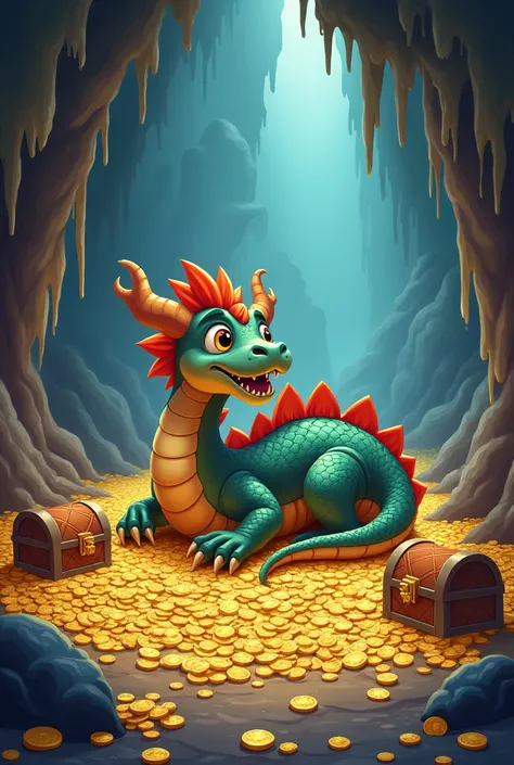 A dragon at the bottom of a cave with gold coins and chests full of treasures in a cartoon