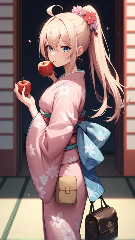 1girl, japanese_clothes, kimono, candy_apple, solo, food, blue_eyes, pink_kimono, ahoge, hair_ornament, looking_at_viewer, holding, sash, obi, hair_flower, flower, bangs, ponytail, holding_food, floral_print, grey_hair, yukata, from_side, eating, blush, co...