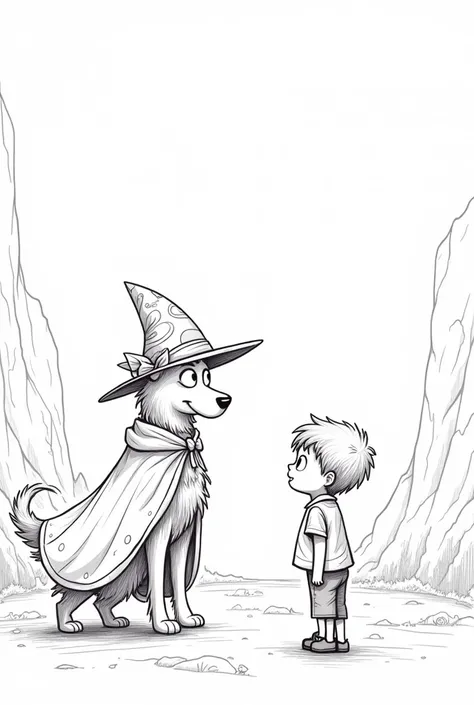 Create a simple coloring page A magic dog appears in front of Thomas, with a cape and a hat.