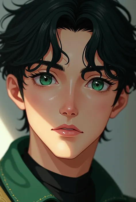 Close up photo of The character is a 2 male. The character is White race, very fair skin and has black hair, emerald eyes. he is Very handsome. Unbothered expression. Animated art inspiration.  Artistic. Ultra high quality.