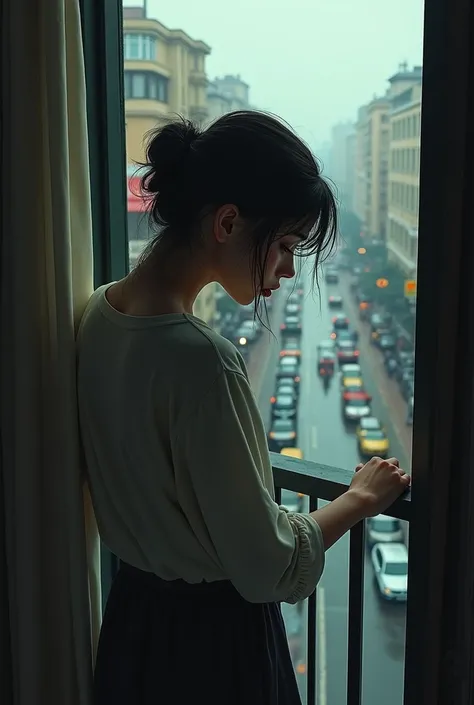 Woman crying on the balcony of her room looking at the street 