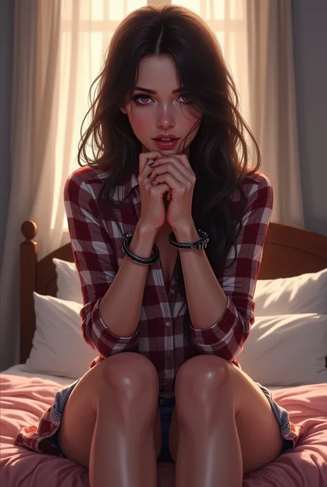 (bestquality,realistic:1.2),(brunette hair:1.1),(French:1.1),(sexy:1.1),(slim figure:1.1),(1:1.1),(handcuffed:1.1),(checkered shirt:1.1),(rolled-up sleeves:1.1),(hands up:1.1),(visible legs:1.1),(open mouth:1.1),illustration,bedroom,detailed eyes,detailed ...