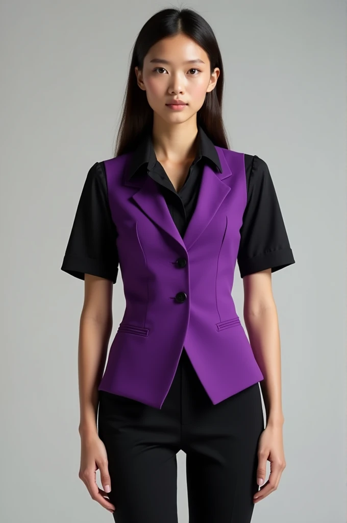 Create Uniform Images, black dress pants , black baby look blouse with short sleeves and purple vest on top with a button 