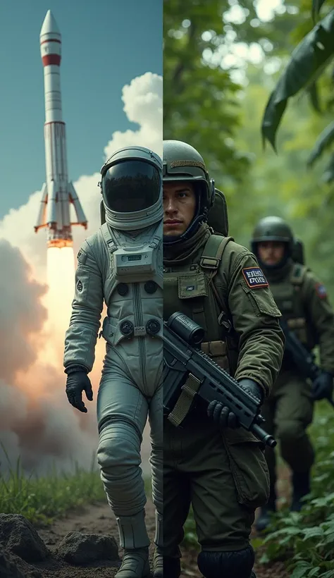 A split-screen image showing the space race with rockets launching on one side and soldiers in the jungles of Vietnam on the other, astronauts in spacesuits and soldiers in combat gear, contrasting scenes of progress and conflict, hyper-realistic, photo re...