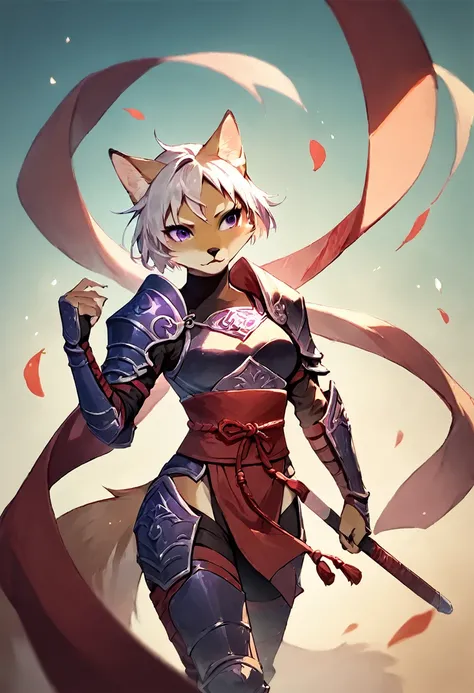 score_9, score_8_up, score_7_up, score_6_up, score_5_up, score_4_up, (solo), female anthro kitsune, beige body, short white hair, purple eyes, armor, ninja