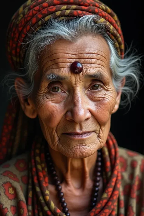 ((best quality)), ((masterpiece)), (detailed), the nyai karna (Javanese), old woman, who is wearing a forehead bandage