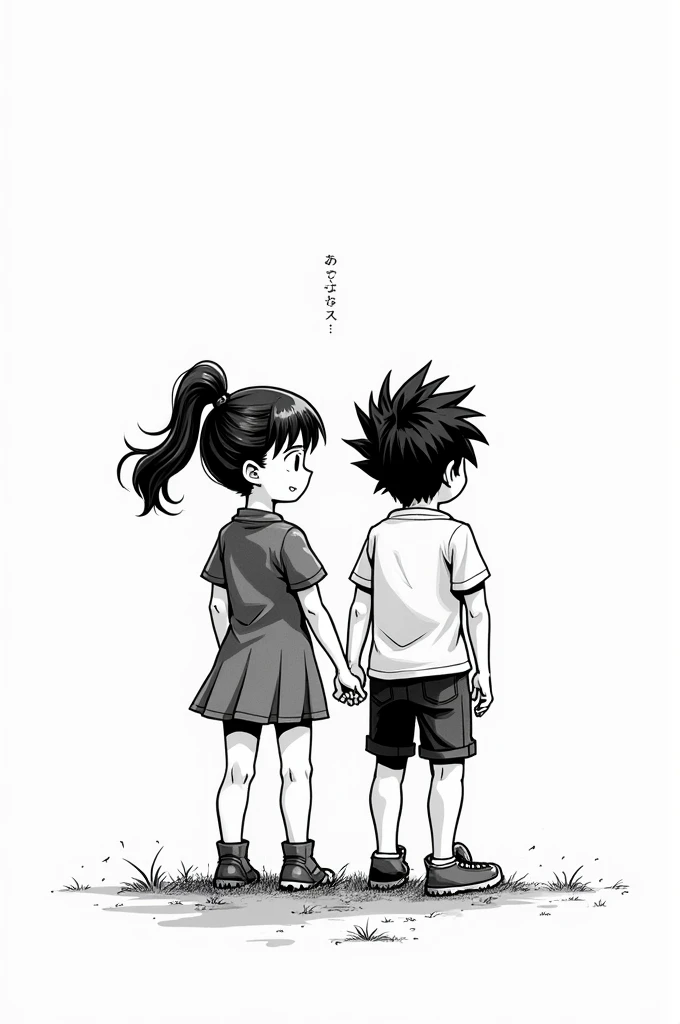 Chat make a black and white manga style drawing with 1 sister and 1 brother the sister has a ponytail and is very agile now the brother has spiky hair a little long and he is a little strong