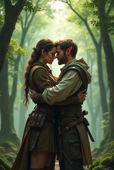 Illustrate a scene of two male brothers embracing in a forest, one of them a female ranger and the other an elf thief., scene seen from a distance does not focus on faces. Dungeons and Dragons style. 8k.