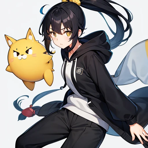 Female Japanese high schooler, black hair in a wild ponytail, yellow eyes, wearing a white hoodie, black pants